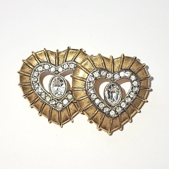 DOUBLE HEART RHINESTONE VINTAGE PIN BROOCH - Picture 6 of 6